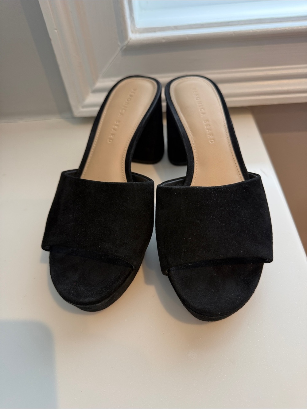 Veronica Beard Black Suede Slide Mules with Block Heel